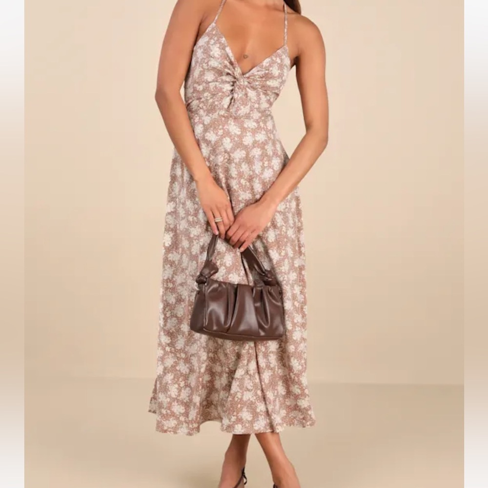 Lulus Picturesque Moments Brown Floral Print Strappy Maxi Dress